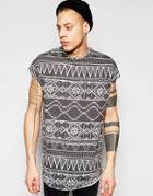 Asos Oversized Sleeveless T-shirt With Geo-tribal Festival Print And Scoop Hem - Charcoal