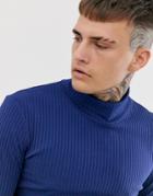 Asos Design Muscle Fit Long Sleeve Roll Neck T-shirt In Rib In Navy