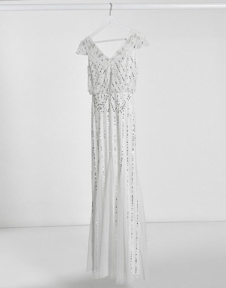 Frock & Frill Embellished V Neck Maxi Dress In Ivory-white