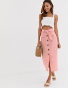 Stradivarius Button Front Midi Skirt With Bow In Pink