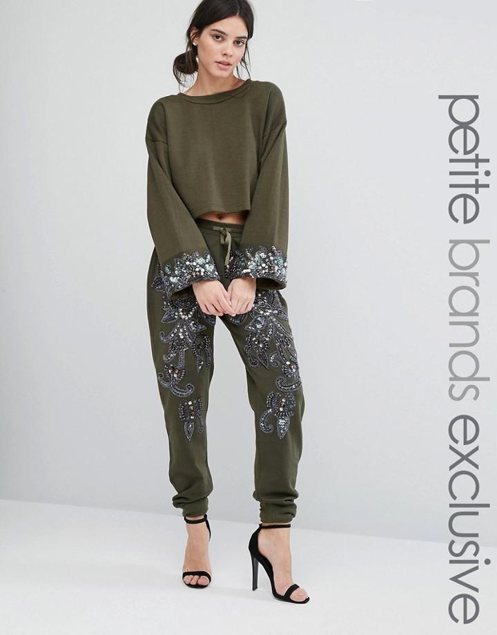 Starry Eyed Petite Heavily Embellished Paisley Detail Joggers - Green