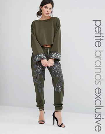 Starry Eyed Petite Heavily Embellished Paisley Detail Joggers - Green