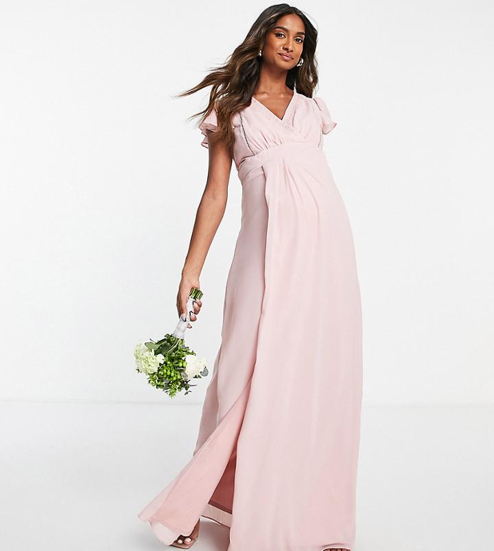 Tfnc Maternity Bridesmaid Ariana Flutter Sleeve V Neck Dress In Dusty Pink-orange