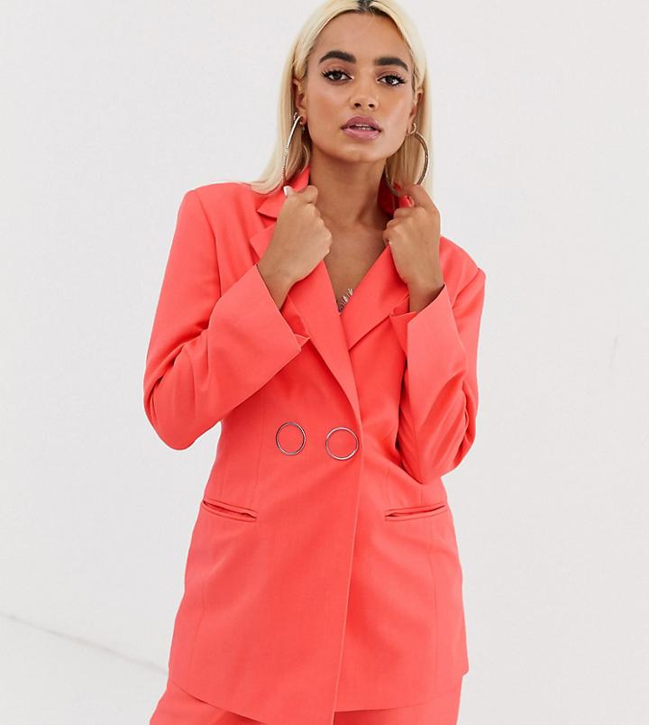 Asos Design Petite Strong Shoulder Suit Blazer In Coral - Orange