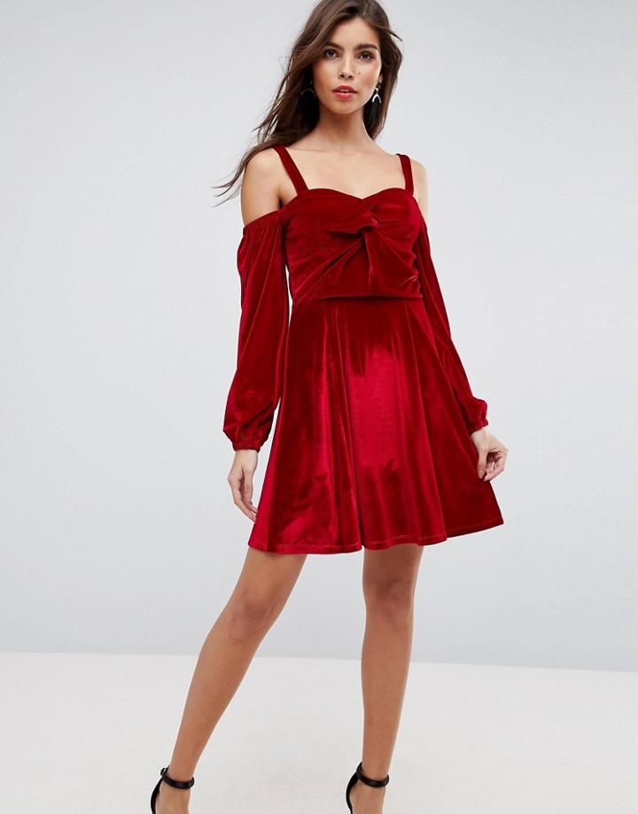 Asos Velvet Off Shoulder Skater Dress With Long Sleeves-red