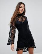 Missguided High Neck Bell Sleeve Lace Dress - Black