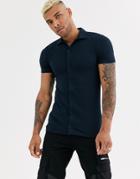 Asos Design Organic Muscle Fit Short Sleeve Jersey Shirt In Navy