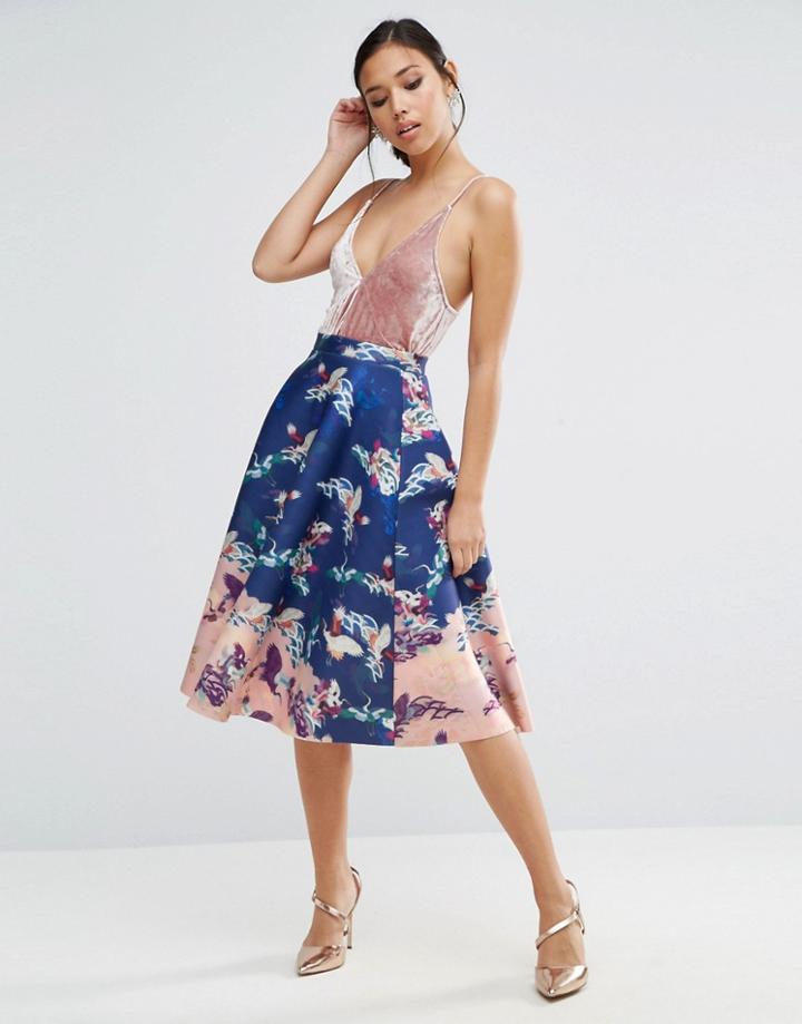 Asos Circle Prom Skirt In Bird Floral Print - Black