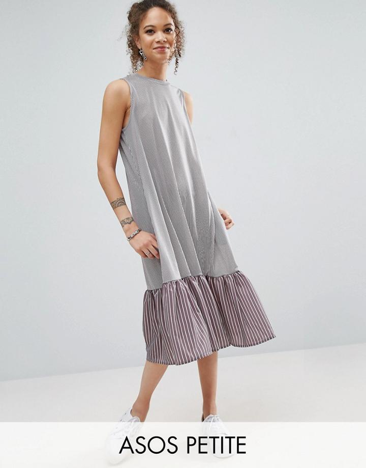 Asos Petite Midi Dress In Stripe With Contrast Woven Frill Hem - Multi