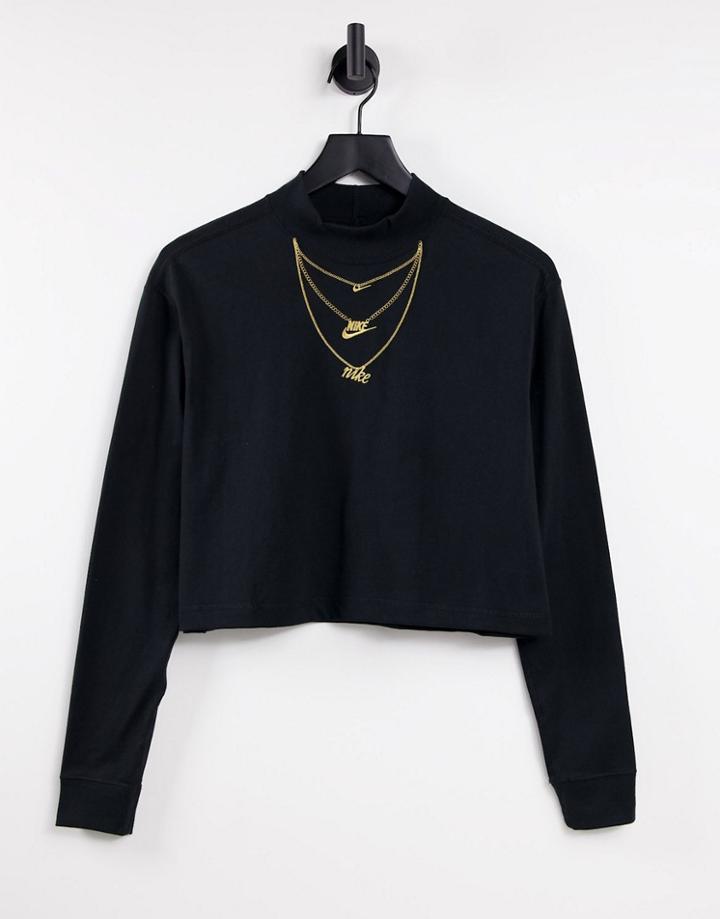 Nike Necklace Detail Mock-neck Long Sleeve T-shirt In White-black