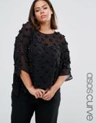 Asos Curve Oversized Sheer T-shirt With 3d Floral Embellishment - Blac