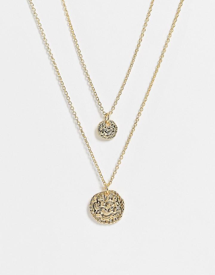 Topshop Multirow Necklace With Texture Coin In Gold