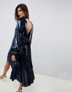 Asos Edition Drape Sequin Midi Dress With Open Back-navy