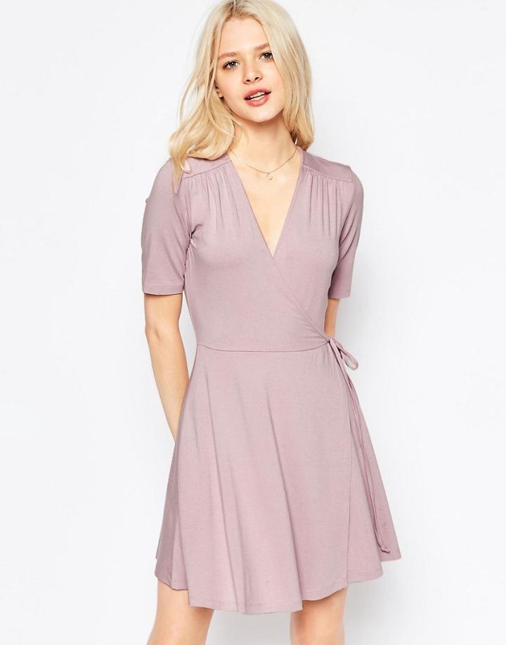 Asos Mini Tea Dress With Wrap Front - Dusty Lilac