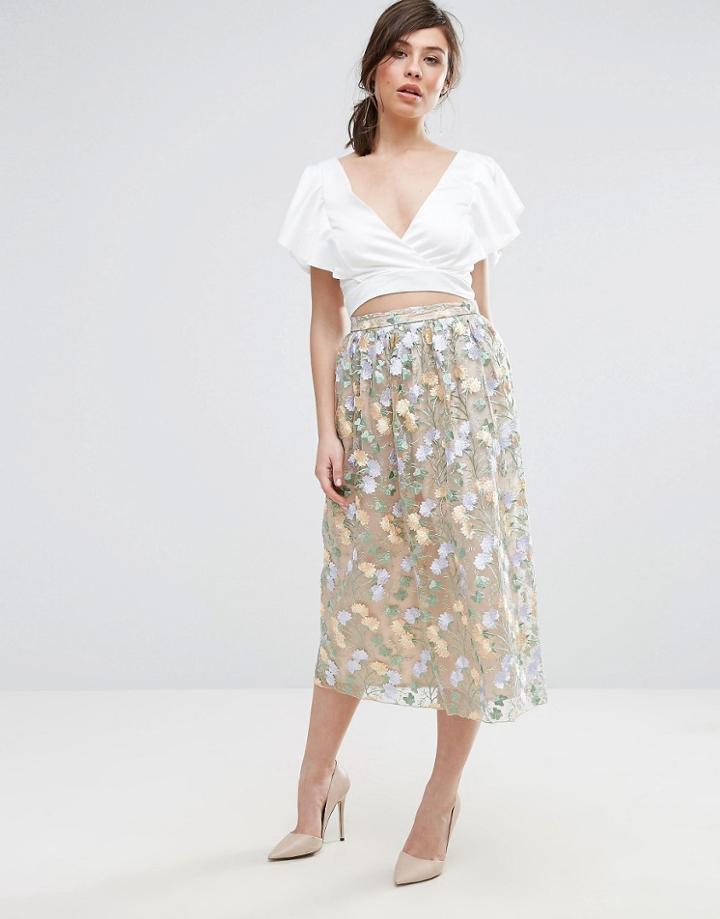 True Violet Floral Embroidered Midi Skirt - Multi