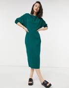 Asos Design Drop Shoulder Midi Pencil Dress In Forest Green