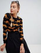 Monki Tiger Print Knitted Sweater - Black