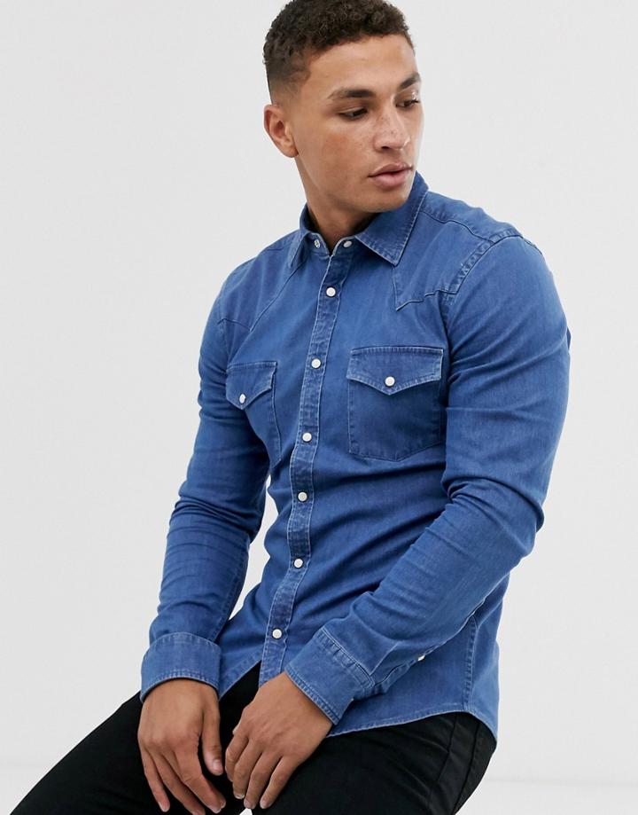 Asos Design Skinny Fit Denim Western Shirt In Mid Wash - Blue