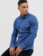 Asos Design Skinny Fit Denim Western Shirt In Mid Wash - Blue
