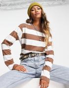 Asos Design Boxy T-shirt In White & Brown Stripe-multi