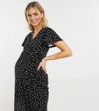 Asos Design Maternity Textured Midi Wrap Dress With Flutter Sleeve In Black And White Spot