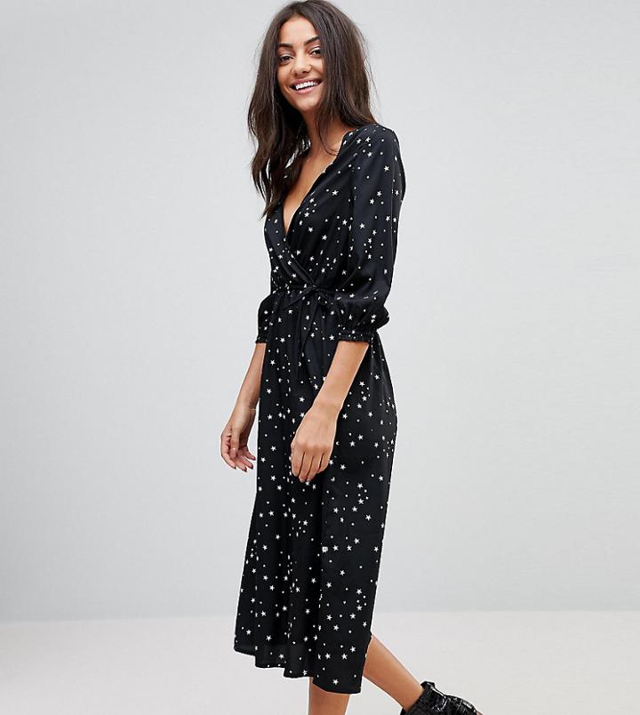 Influence Tall Star Print Wrap Midi Dress - Black