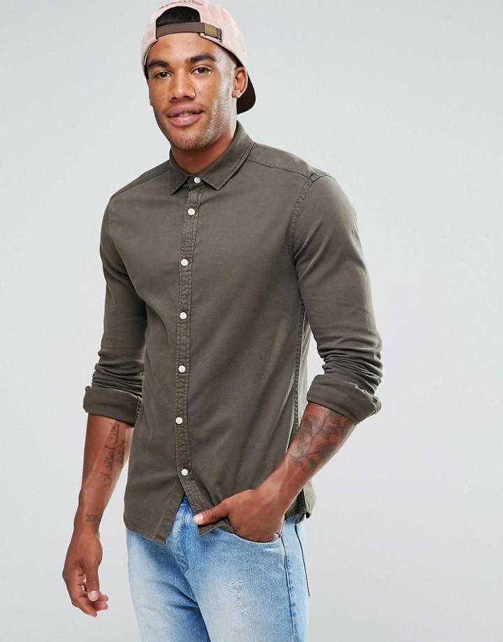 Asos Skinny Denim Shirt In Khaki - Green
