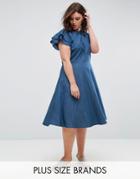 Lost Ink Plus Denim Dress With Frill Sleeve - Blue