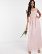 Tfnc Bridesmaid Lace Plunge Maxi Dress With Scaloped Back In Pink