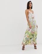 Asos Design Maxi Cami Satin Trapeze Dress In Meadow Floral Print - Multi