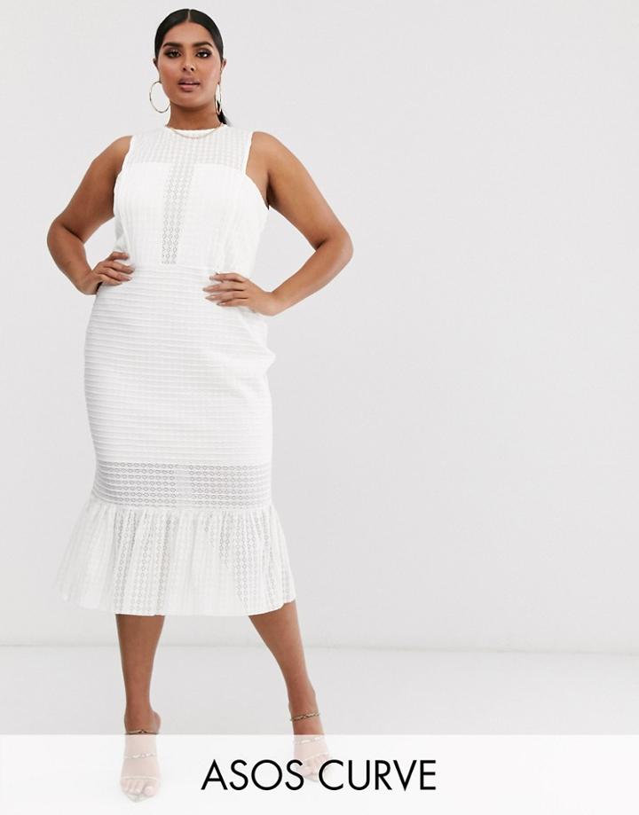Asos Design Curve Drop Stitch Lace Pep Hem Midi Dress - White