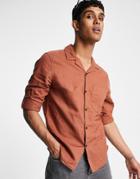 Asos Design Regular Fit Linen Shirt With Revere Collar And Rolled Sleeves In Brown