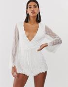 Starlet Embellished Plunge Front Romper With Tassels In White - White