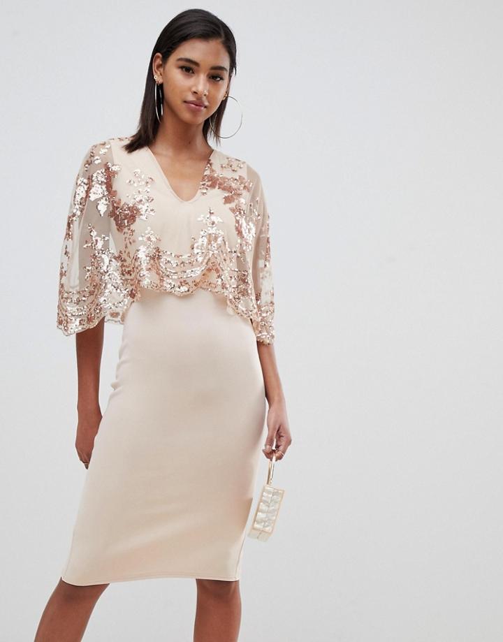 Club L Sequin Cape Overlay Midi Dress - Cream