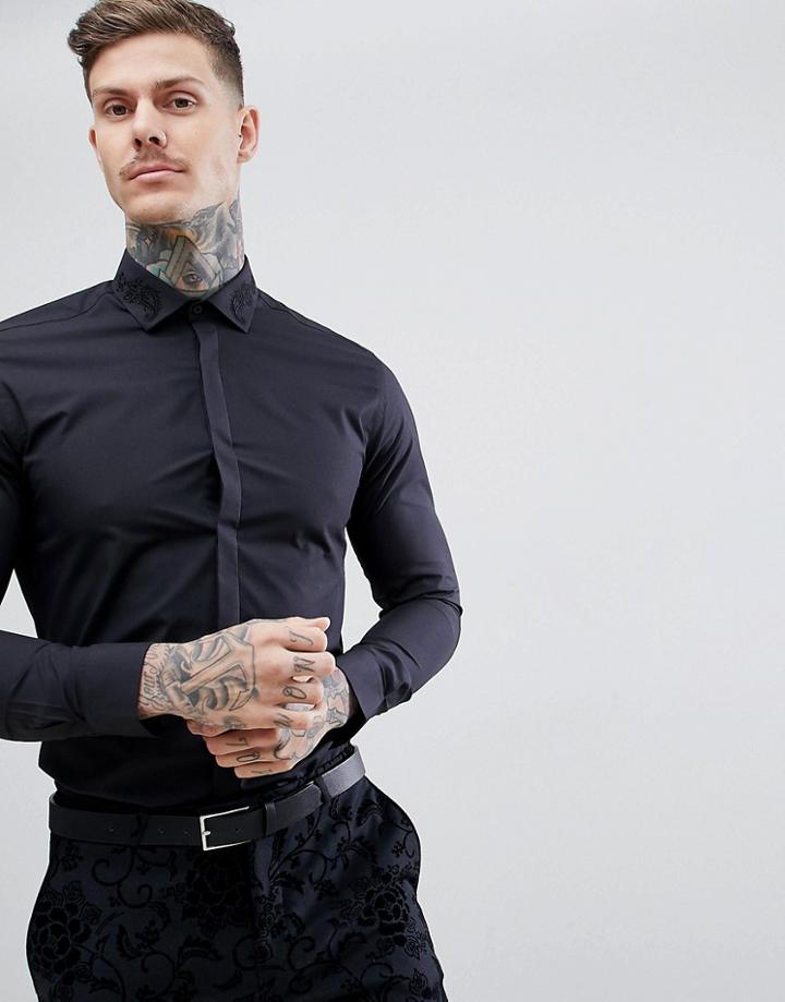 Moss London Extra Slim Shirt In Black With Embroidery - Pink