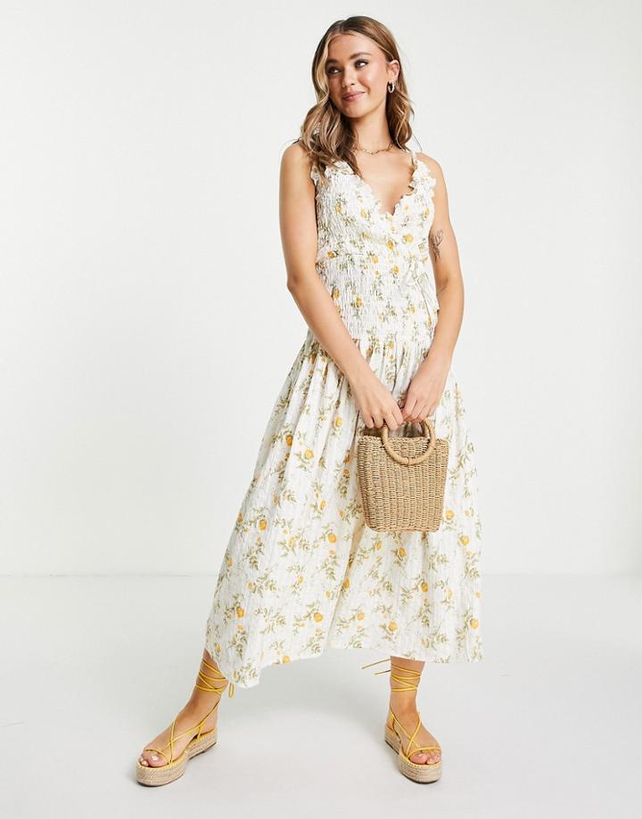 Asos Design Cami Wrap Maxi Dress With Shirred Waist In Seersucker In White Floral Print-multi