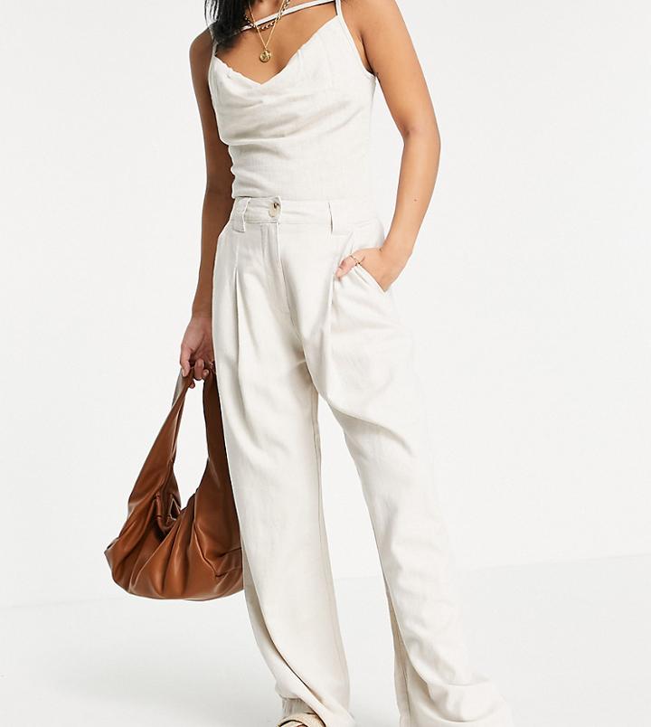 Asos Design Petite Wide Leg Pants In Oatmeal Linen-neutral