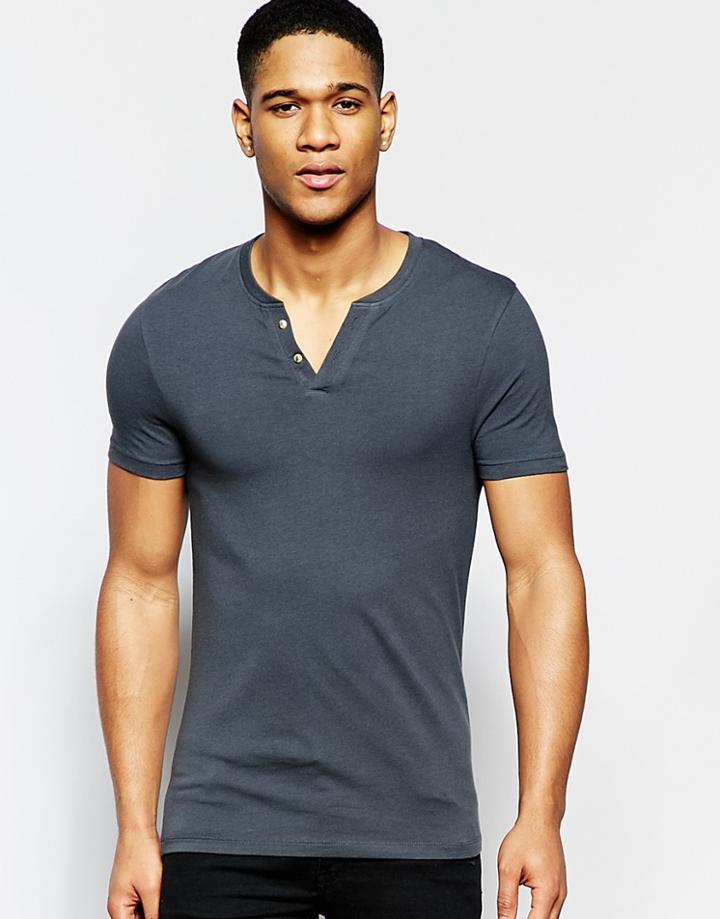 Asos Extreme Muscle T-shirt With Notch Neck - Washed Black
