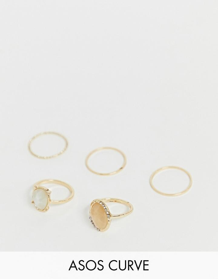 Asos Design Curve Pack Of 5 Rings With Semi-precious Style Stones In Gold Tone - Gold