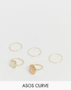 Asos Design Curve Pack Of 5 Rings With Semi-precious Style Stones In Gold Tone - Gold