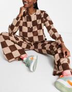 Asos Design Lounge Microfleece Checkerboard Sweat & Straight Leg Sweatpants Set In Brown & Taupe-multi