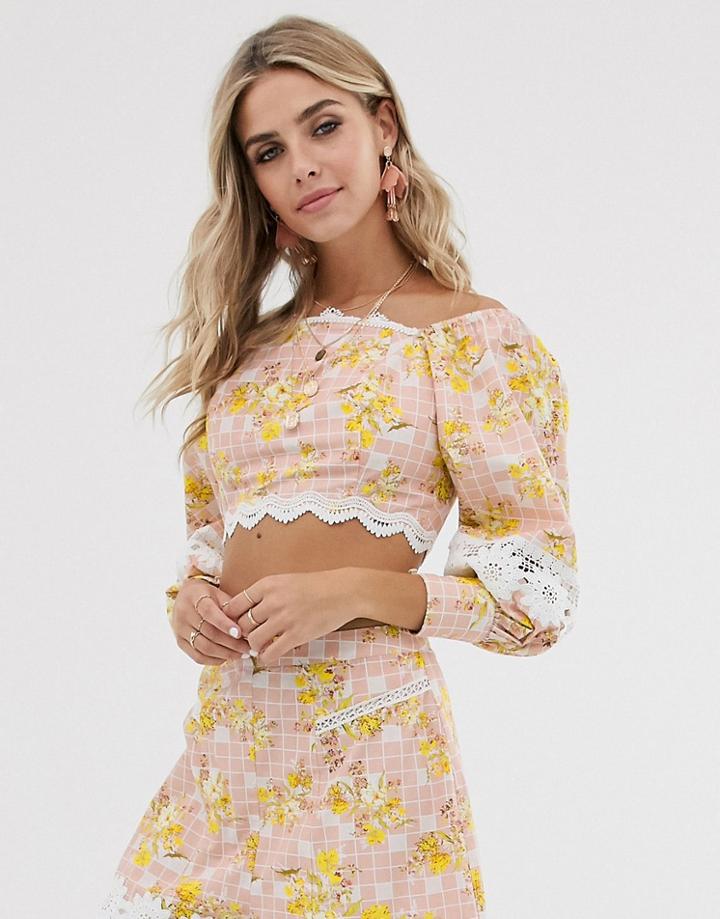 Asos Design Lace Trim Crop Top Puff Sleeve Top Two-piece In Check Floral Print-multi