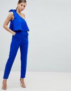 Ax Paris One Shoulder Frill Overlay Jumpsuit - Blue