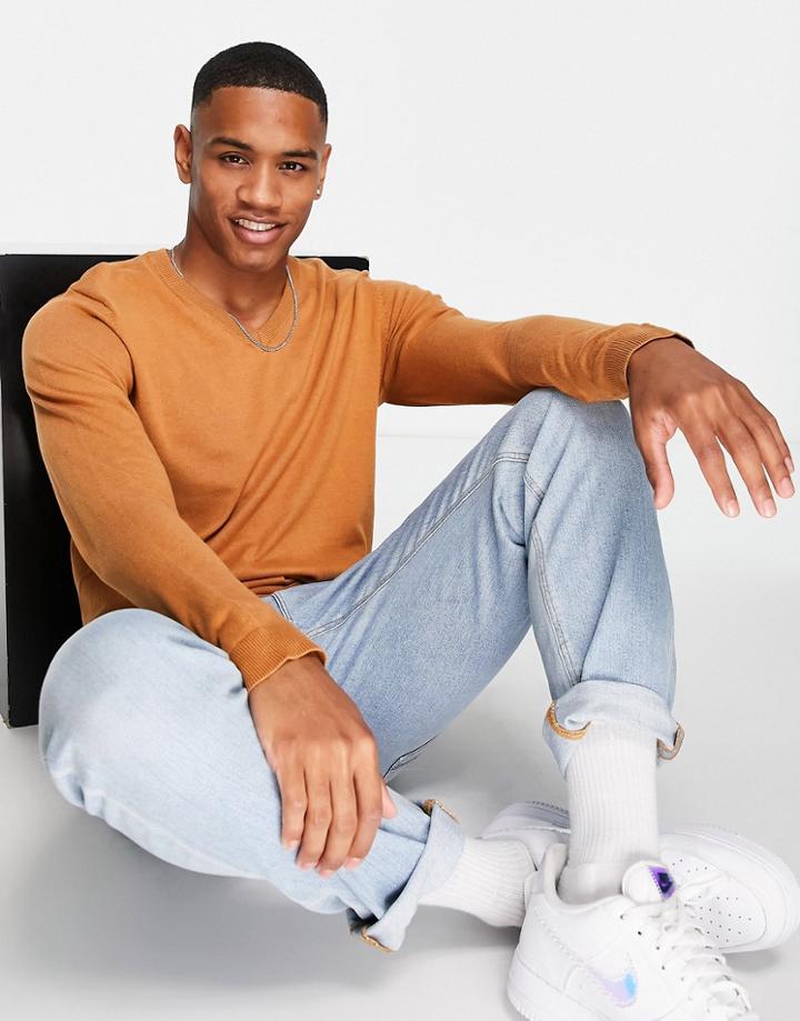 Asos Design Knitted Cotton V-neck Sweater In Light Brown