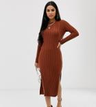 Asos Design Petite Fine Knit Ribbed Midi Dress In Recycled Blend - Brown