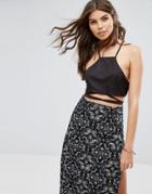 Lira Faux Suede Wrap Crop Beach Co Ord Top - Black