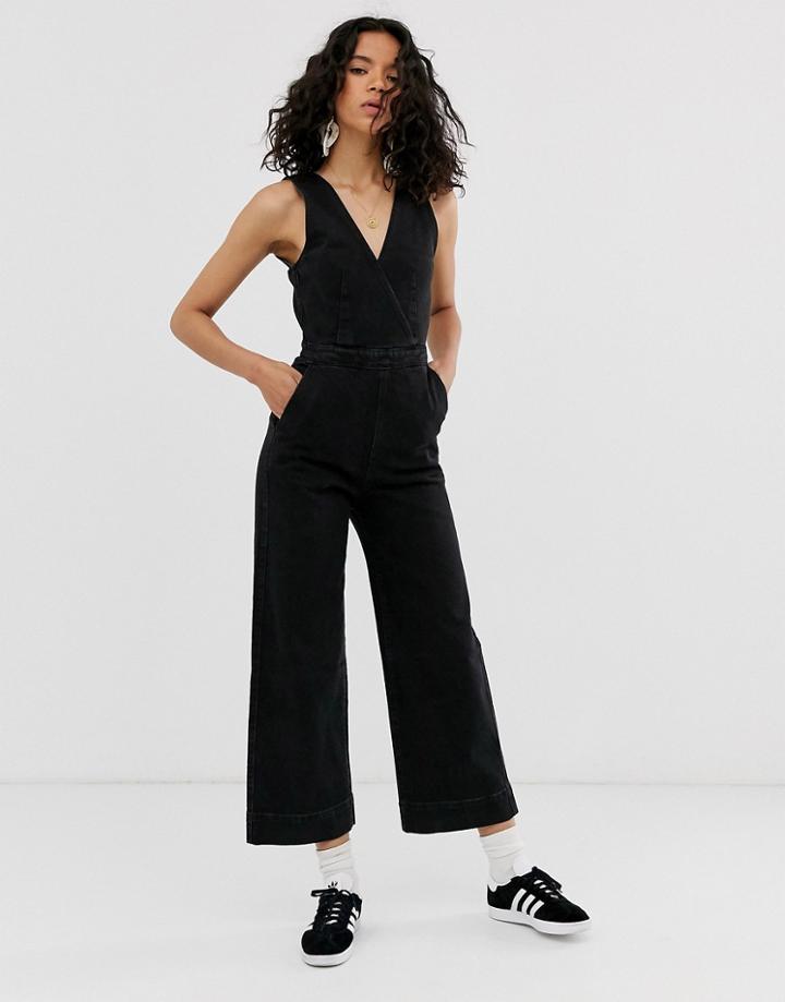 Weekday Sleeveless Denim Jumpsuit In Black