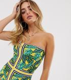 Missguided Bandeau Swimsuit In Leaf Print - Multi
