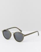 Asos Round Sunglasses With Metal Nose Detail In Khaki - Green