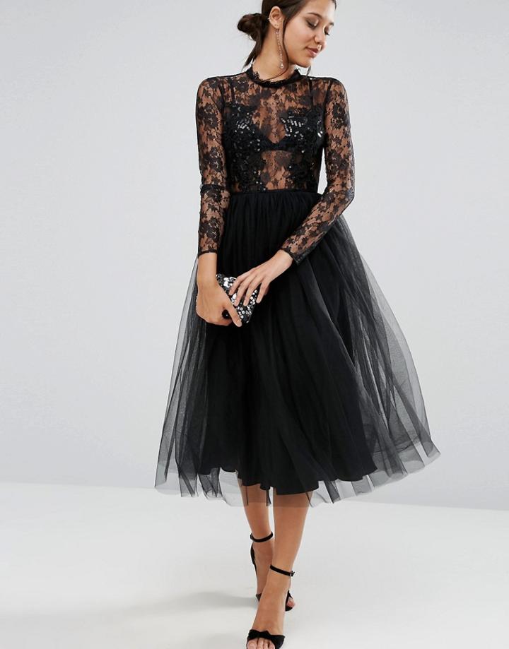 Asos Lace And Embellished Bodice Dress With Mesh Midi Skirt - Black